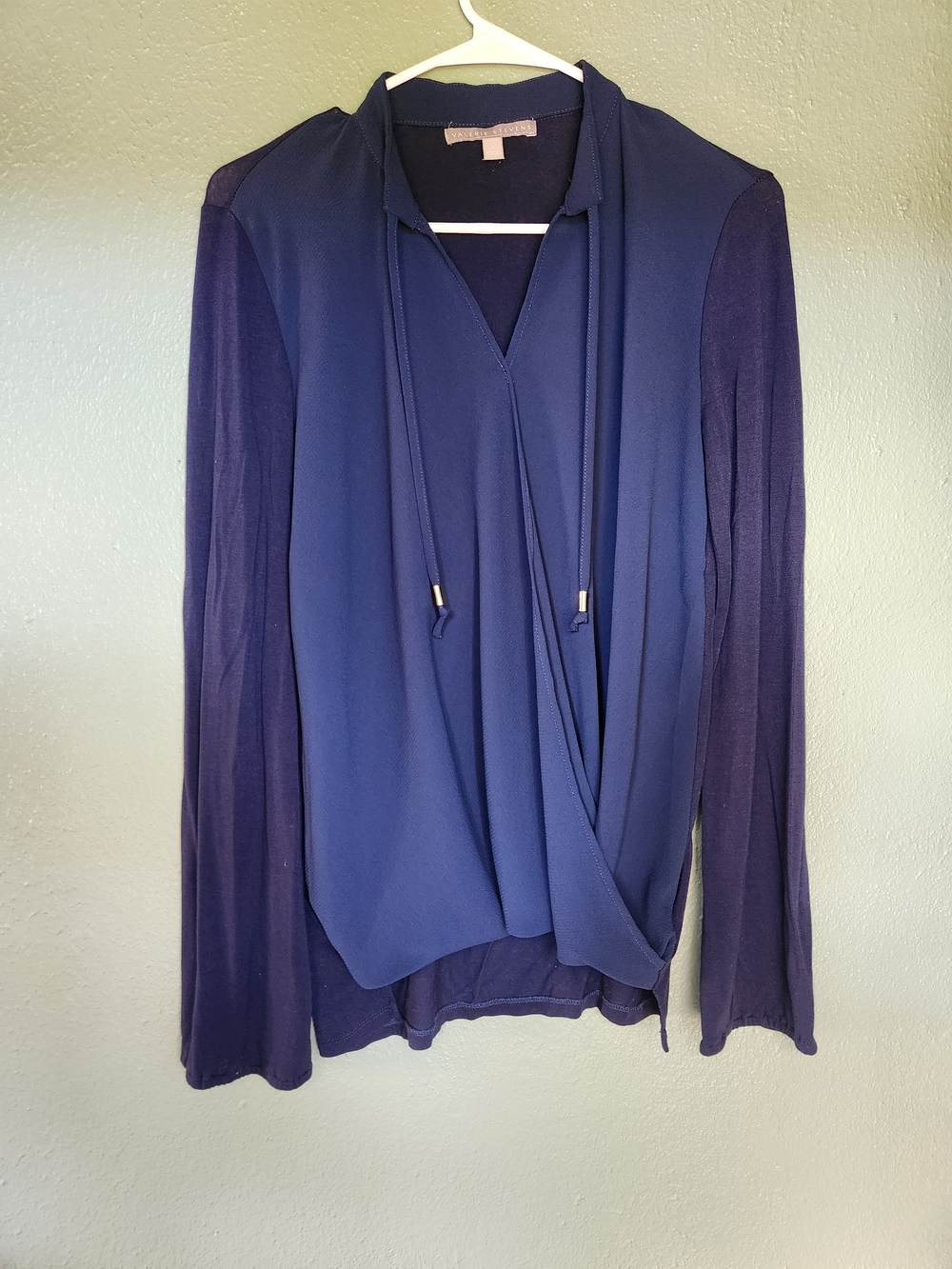 Valerie Stevens Navy Draped V-Neck Tie-Detail Blouse